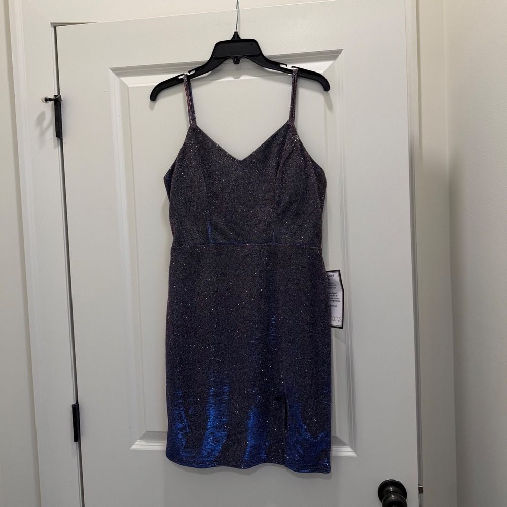 City Studio Women Purple Iridescent Sparkle Mini Dress V-Neck Size 9 NWT